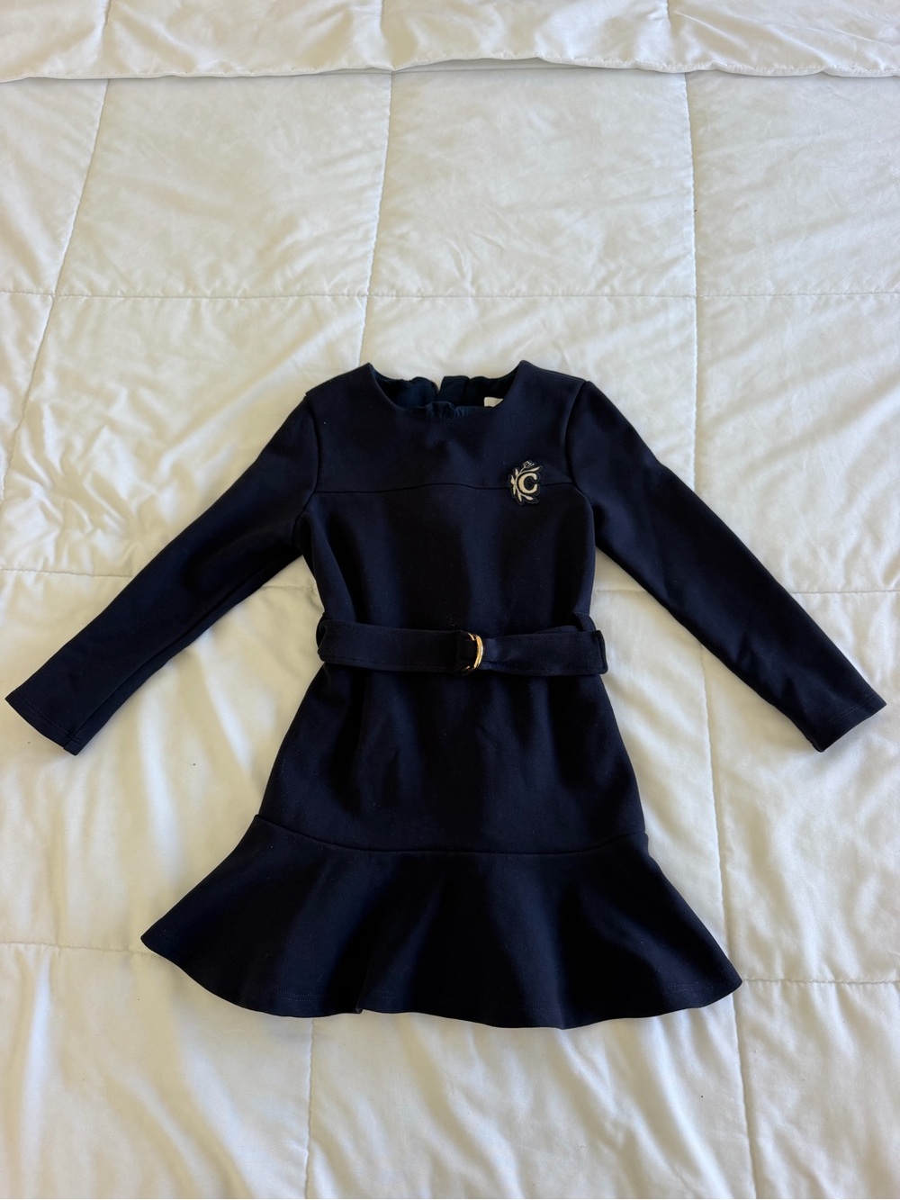 Chloe Girls Navy Long-Sleeve Belted Dress with Gold Accent